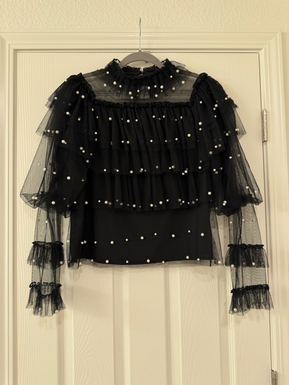 Black Pearl-Embellished Ruffle Mesh Blouse
